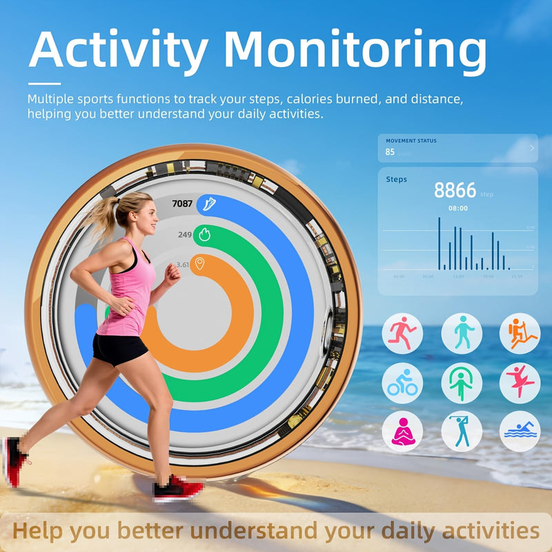 Smart Ring Fitness & Health Tracker, Sleep, Stress & Activity Monitoring | IP68 Waterproof iOS & Android Compatible Daily Tracking Unisex for Women Men (Gold, Size 8)