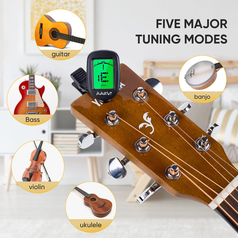 Clip On Guitar Tuner for All Instruments, Acoustic/Electric Guitar, Ukulele, Bass, Violin, Banjo, Large Clear LCD Display for Guitar Tuning, Chromatic Tuner, 4 Pack Guitar Picks Included Black-1-Pack
