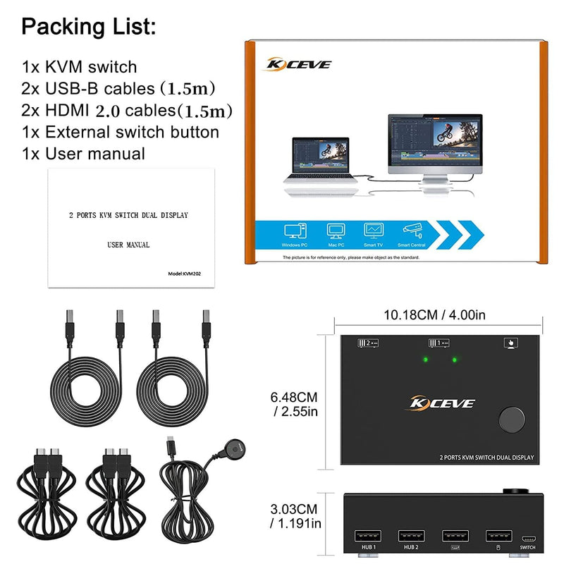 [AUSTRALIA] - Dual Monitor KVM Switch HDMI 2 Port 4K@60Hz,MLEEDA USB HDMI Extended Display Switcher for 2 Computers Share 2 Monitors and 4 USB 2.0 Hub,Desktop Controller and USB HDMI Cables Included 4K HDMI+HDMI 2 Monitors 2 PC 
