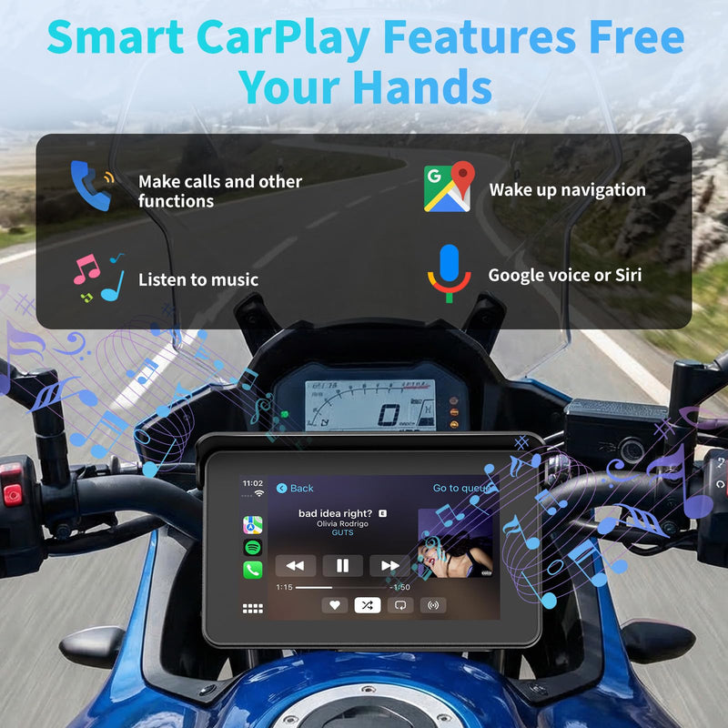 Motorcycle Carplay Screen with Wireless Apple Carplay & Android Auto, 5" Portable IP67 Waterproof Touchscreen Carplay GPS Navigation for Motor, Dual Bluetooth, Voice Control & Siri/Google Assistant