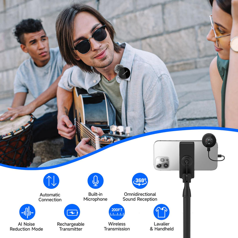 AIRHUG Wireless Lavalier Microphone, AI Noise Cancelling- Cordless Recording Mic with 2 Lavalier Transmitters and 1 Receiver for Camera/iPhone/ipaid, Vlog, Filmmaking, Streaming