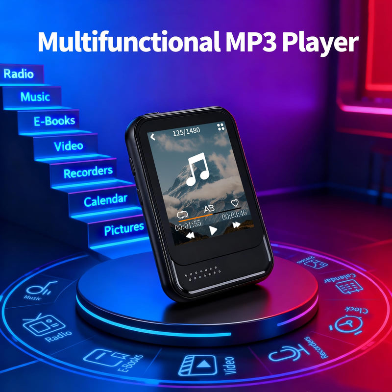 MP3 Player with Bluetooth,Mini MP3 Player with Speaker,Built-in Micro SD Card Slot,Portable Music Player with FM Radio,Video,Voice Recorder,Earphones, for Kids,Sports and Gifts,Max 512GB Expand 16GB