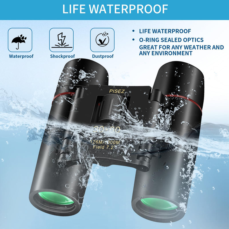 PISEZ 30X60 Compact Binoculars for Adults and Kids，Lightweight Foldable Easy Focus Small Binoculars for Bird Watching Hunting Concert Traveling Theater Opera Sightseeing black