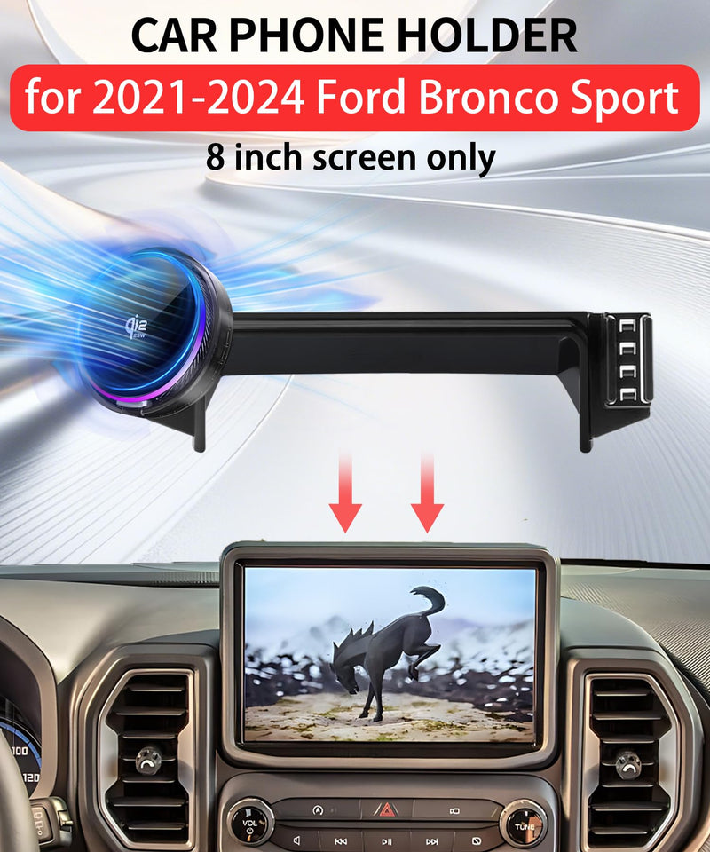 25W Car Mount Charger for Ford Bronco Sport 2021-2024 8-Inch | 2021-2024 Ford Bronco Sport Qi2.2 25W MagSafe Fast Charging Cell Phone Holder Accessories,with Cooling Fan＆54W Fast Adapter Magsafe+Qi2 25W Fast Charging