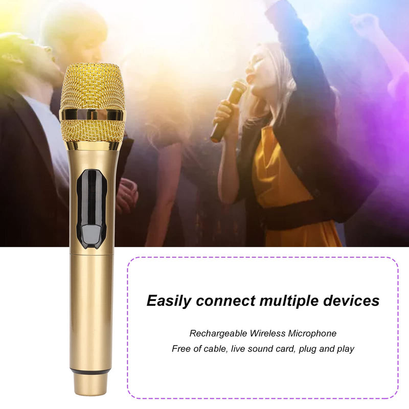 Handheld Microphone, Plug and Play Karaoke Wireless Microphone 50m Receiving 600Hz to 800KHz Multipurpose for Home (Gold)