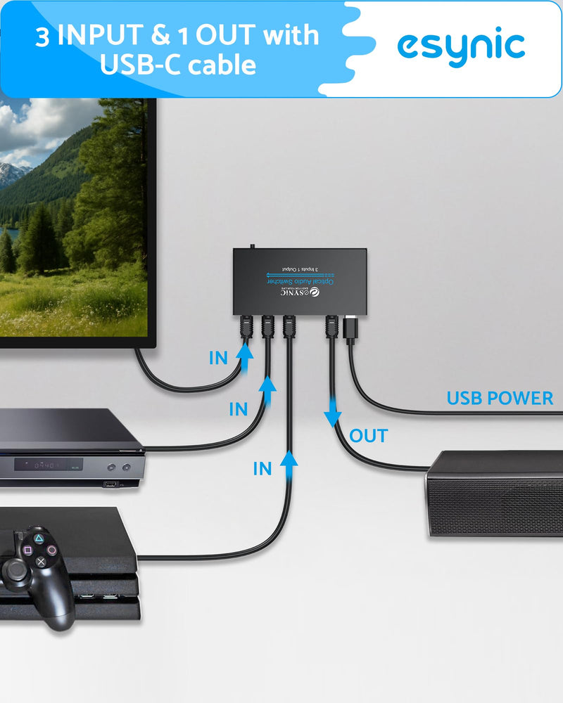 eSynic Portable Digital Optical Audio Switcher 3 In1 Out SPDIF Switcher Aluminum Alloy TOSLINK Audio Switch with 3.28ft Optical Cable Support IR Remote Control from PS4 Blue-Ray DVD HDTV to Soundbar