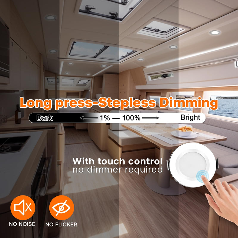 [AUSTRALIA] - YindaLux LED Recessed Spotlight 12 V Touch Control Warm White Neutral White Cool White LED Spot Dimmable 3 W IP44 Recessed Spotlights 60 mm Hole Size Recessed Lights for Caravan Kitchen Aluminium Chrome 