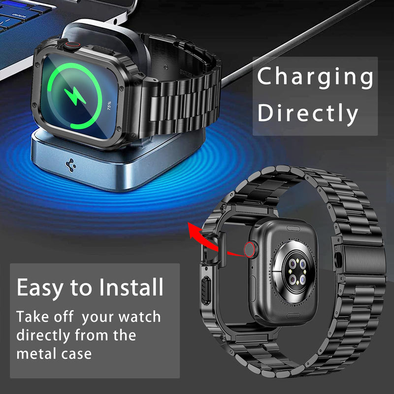 MioHHR Stainless Steel Band and Case Compatible with Apple Watch Band 45mm | Men Metal Protective Bumper Cover with Straps for iWatch 45mm Series 9/8/7, Black 45mm(Series 9/8/7)