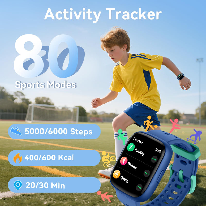 Smart Watch for Kids with Find My, 1.83" Fitness Tracker Watch No APP No Phone Needed, Pedometer, Heart Rate, Sleep Monitor, IP68, Puzzle Games for Girls Boys Teens 5-16, Gift, Blue