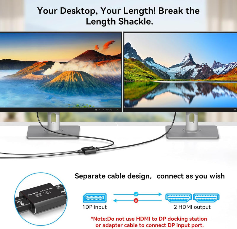 Displayport to Dual HDMI Splitter Extended for Double Screen 4K@60Hz Display Port to 2 HDMI Adapter for Computer Graphics Cards Support MST & SST Mode Jet Black DP TO 2 HDMI