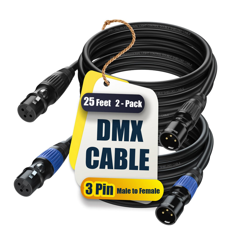 DMX Cable 25 ft 2 Pack - 3 Pin Multi-Color Coded Cables for Professional DMX512 Stage Lighting Controllers 25 Feet Multi Color Coded
