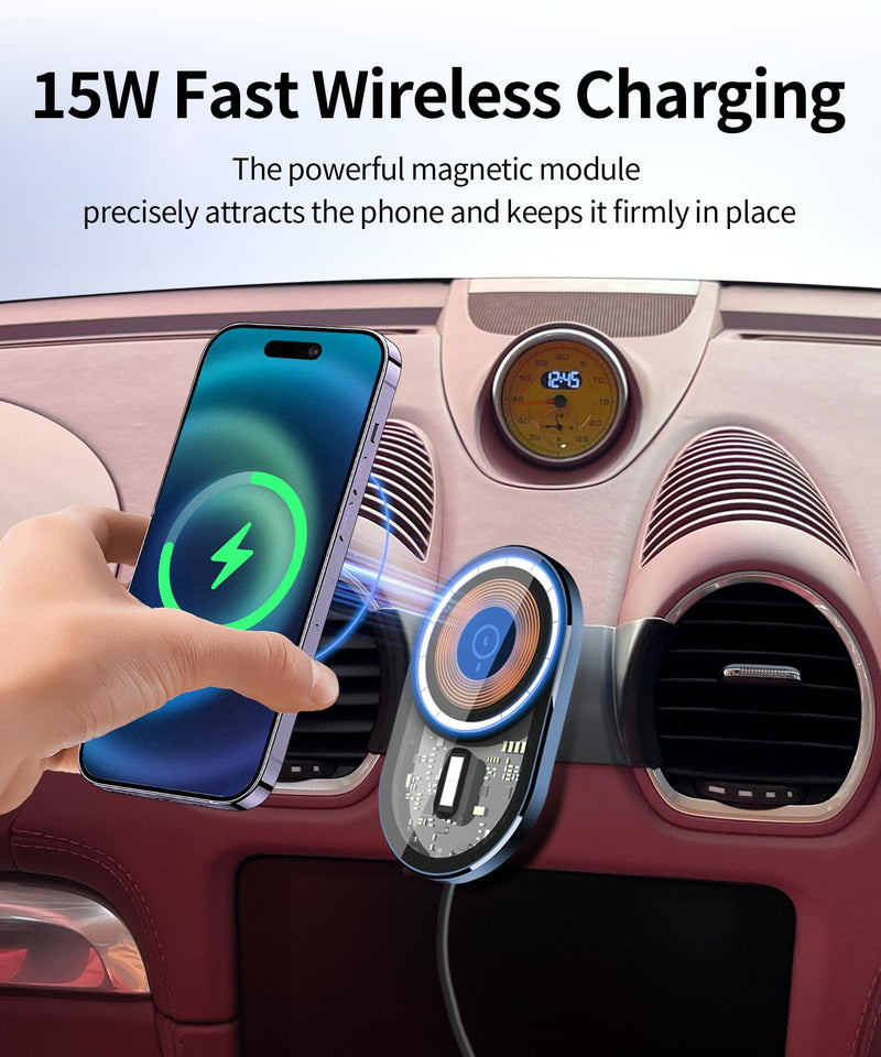 Wireless Charging Car Phone Holder for Porsche 718 Boxster/Cayman 2017-2025 | Magsafe Accessories Fast Charging Magnetic Cell Phone Holder Clip Compatible with iPhone Android, 3D Fit Vehicle Phone Stand