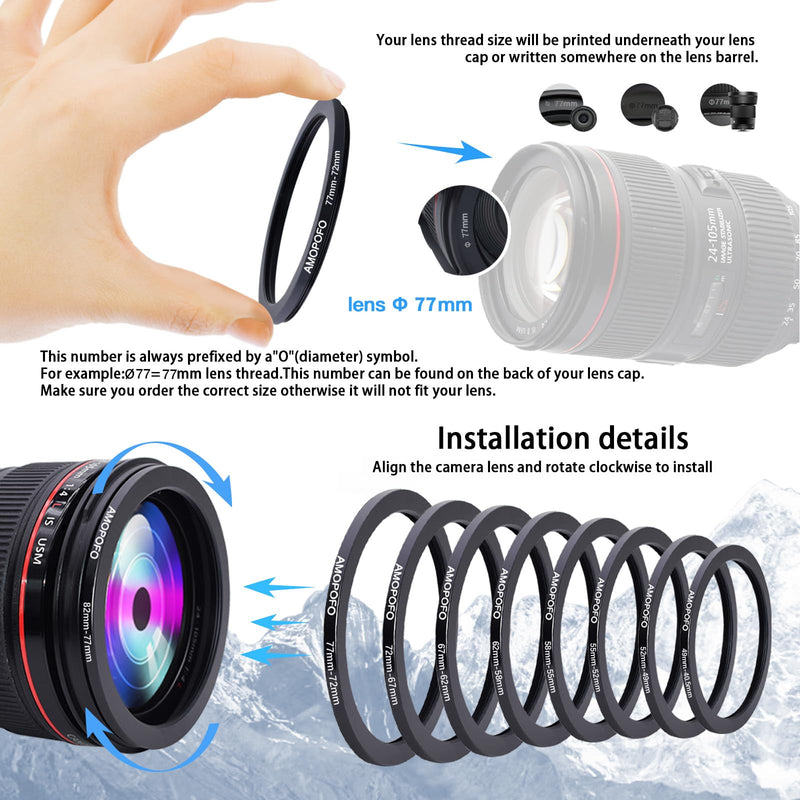 [AUSTRALIA] - 9pcs Step Down Ring Set,Camera Lens Adapter Ring 82-77mm/77-72mm/72-67mm/67-62mm/62-58mm/58-55mm/55-52mm/52-49mm/49-40.5mm.Made of CNC Machined Aluminum 