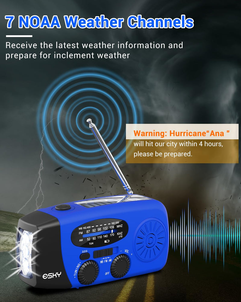 Esky Emergency Hand Crank Radio with 3 LED Flashlight, AM/FM/NOAA Portable Weather Radio with 2000mAh Power Bank Phone Charger, Solar Powered USB Rechargeable Radio for Indoor Outdoor Camping, Blue