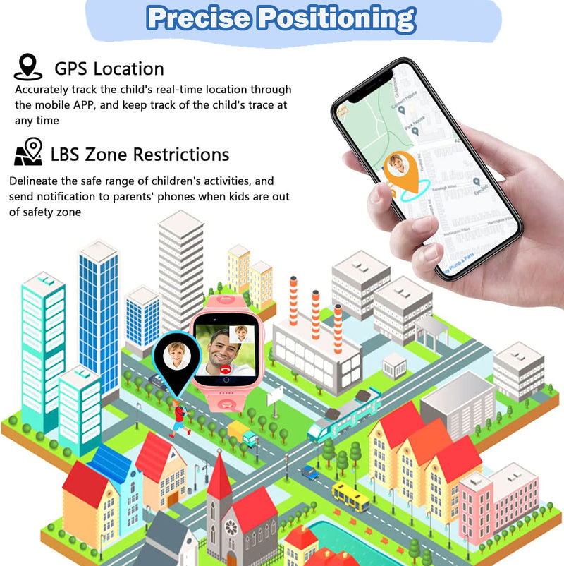 TEZILON 4G GPS Smart Watch Waterproof Phone Video Call SOS Emergency Alarm Voice Message Camera GPS Tracker Watch Real-Time Tracking Geo-Fence Touch Screen Pedometer Anti-Lost Gift Pink