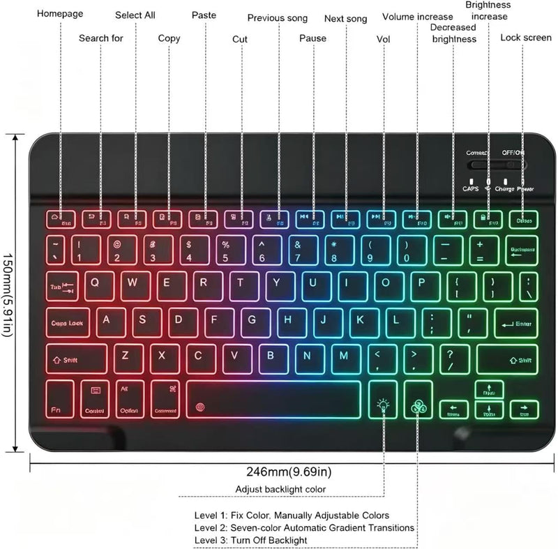 Mini Bluetooth Keyboard, Small Portable Wireless Rechargeable Keyboard with 7-Color RGB Backlit for iPad iPhone Android Samsung Tablet Smartphone (Black) Black1