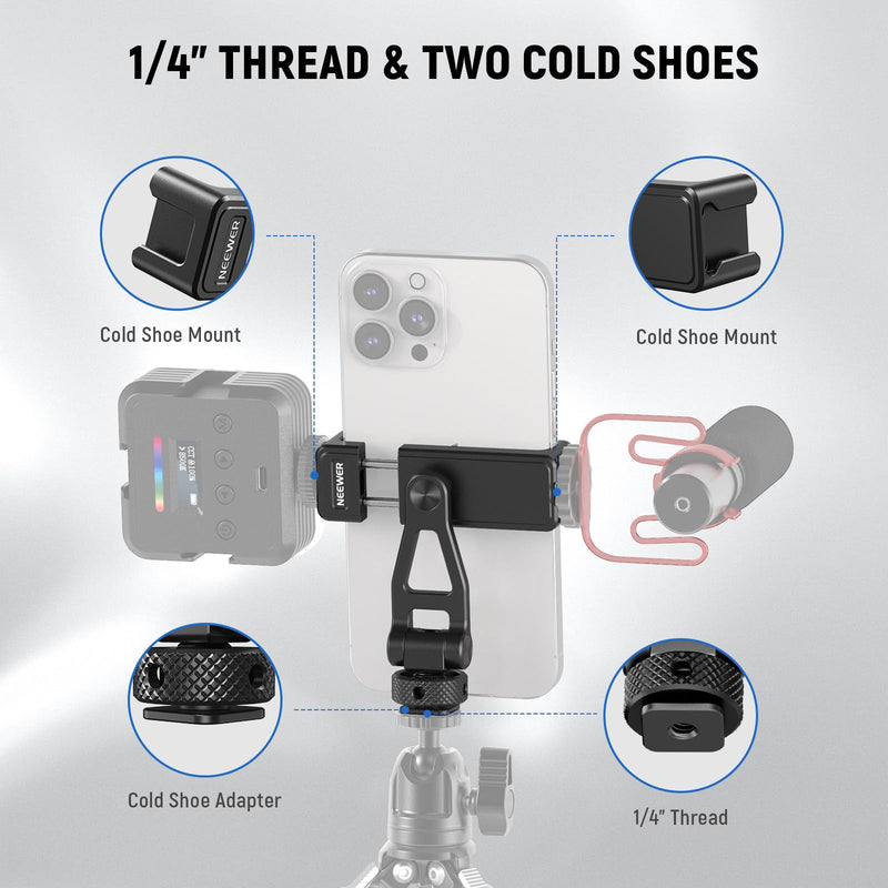[AUSTRALIA] - Neewer Metal Phone Tripod Mount with Cold Shoes, 1/4" Thread, 180° Tilt, 360° Rotation, Adjustable Phone Clamp Metal Phone Holder Compatible with iPhone 16 15 Pro Max S24 Ultra Camera Cage, GA010 