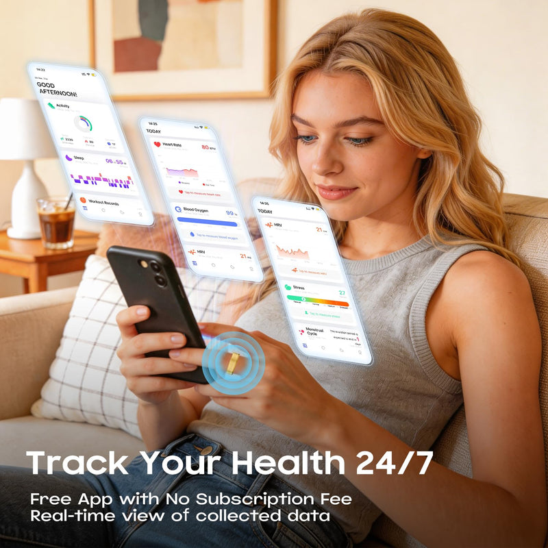 Smart Ring for Women Men, IP68 Waterproof Health Tracker with No Subscription Fee, Sleep and Stress Monitoring, Activity Fitness Ring, Android/iOS Compatible(Gold,9)