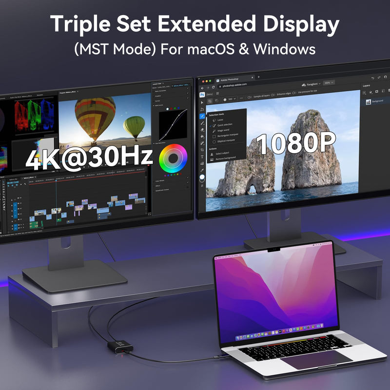 HDMI Splitter Extended Display for Dual Monitor USB A & C to 2 hdmi Adapter 1 in 2 Out for Laptop Mac Triple Set Support MST & SST Modes; 4K@30Hz Out 1, 1080p Out 2 Void Black USB TO 2 HDMI