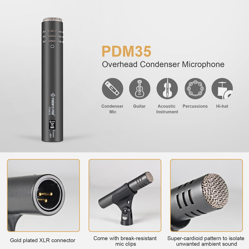 Phenyx Pro PDM35 Overhead Condenser Drum Mic, Super-Cardioid Microphone with Wide Frequency Response Range, Pencil Type for Hi-Hat, Percussions, and String Instruments