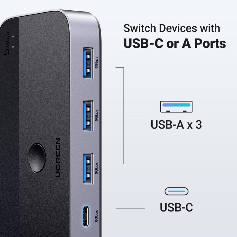 UGREEN USB 3.0 Switch 2 Computers Sharing USB C & A Devices, 4 Port USB Switcher Sharing Keyboard and Mouse, Printer/Scanner USB Switch Hub for Two Computers with 2 USB3.0 Cables and Controller Black