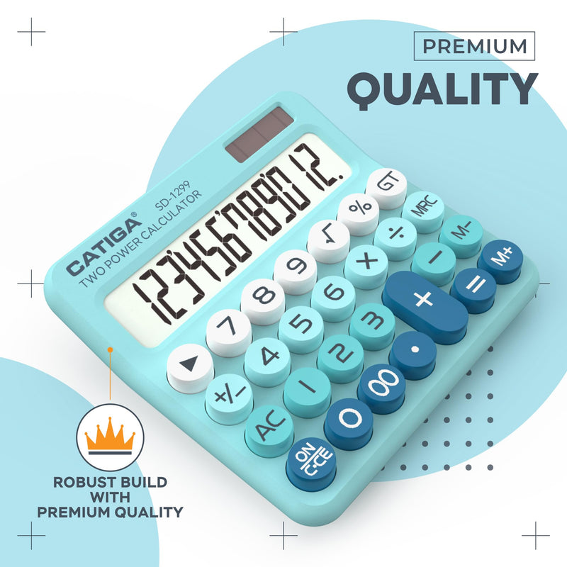 CATIGA Mechanical Switch Calculator with Solar and Battery Dual Power, 12-Digit Large LCD Display, Aesthetic and Cute Desktop Calculator with Big Button, for Home, School and Office Use, SD-1299 Aqua Blue