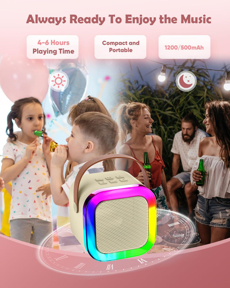 Mini Karaoke Machine Speaker for Kids, Toys for Girls Boys Friends Age 3-12+, Birthday Gifts Portable Bluetooth Speaker with Wireless Mics for 5 6 7 8 9 10 11 Years Teens Girl Boys, Beige Beige- 2-Mic