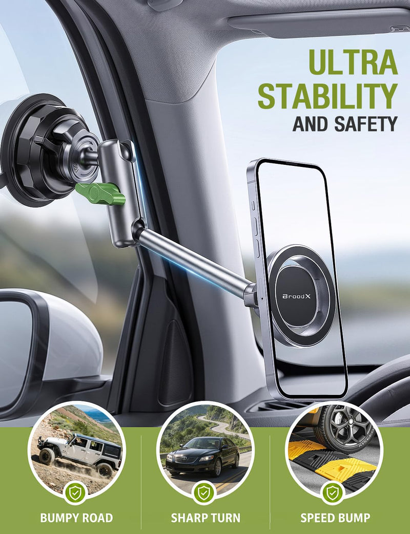 Broodx Magnetic Car Phone Holder, Windshield/Dash Metal Suction Cup Mount | Solid Metal Frame, 360° Rotatable, Strong Suction & Magnetic Force, Easy Installation