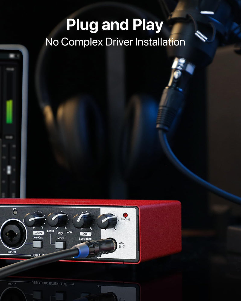 2i2 USB-C Audio Interface for PC/Mac Recording, 24-bit/192kHz, Dual TS/XLR Inputs, +48V Phantom Power, Studio/Podcast/Streaming (Scarlet) Scarlet (B-002)