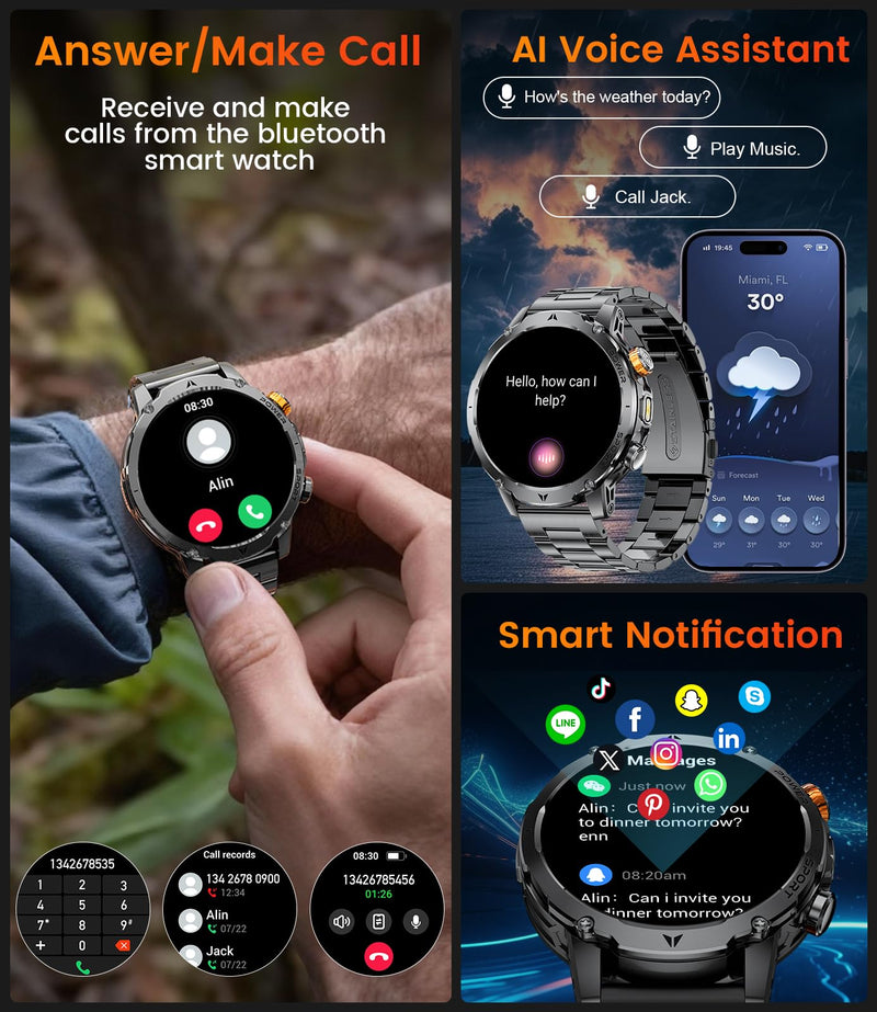 LIGE Military Smart Watches for Men(3 Bands),1000mAh Battery/1.7" HD Large Screen Smartwatch, Flashlight/120+ Sports Modes/Sleep Monitor, 5ATM Waterproof Fitness Tracker Watch for Android iOS,Black Black