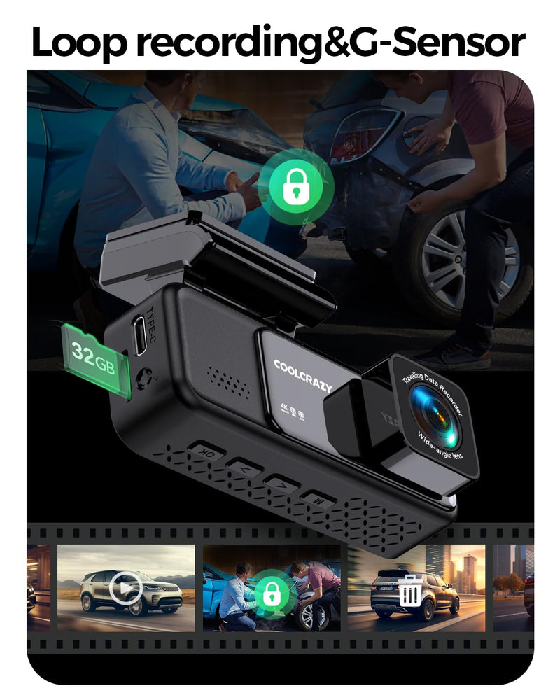 Dash Cam, COOLCRAZY 4K UHD Dash Camera for Cars Built-in GPS, 3.2" IPS Screen WiFi & App Dashcam, 24H Parking Mode, 170°Wide Angle Front Dashcams with 32G Card, WDR, Night Vision, G-Sensor