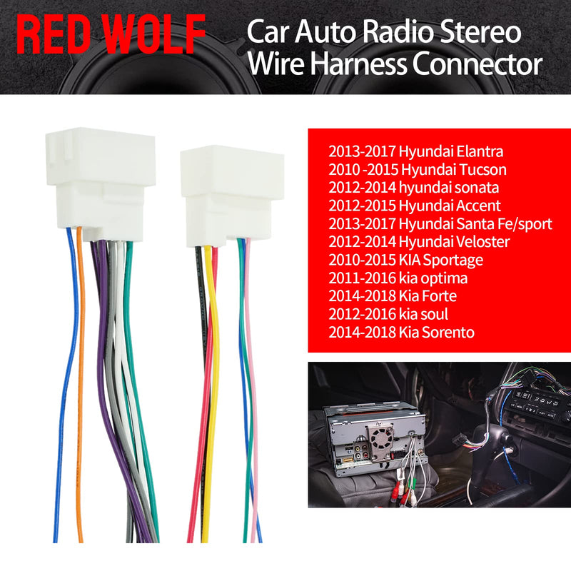 RED WOLF Radio Wire Harness Compatible with 2013-2017 Hyundai Elantra/Santa Fe, 22014-2018 Kia Forte Sorento MP3 CD Player Connector Plug Aftermaket Stereo Installation