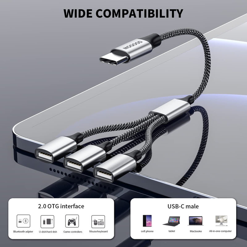 USB C Male to Three USB Female Cable,USB c Splitter to USB USB c Splitter Audio and Charging Type C to 3 Type A 2.0 Port Splitter Multi Hub for MacBook,iPad Pro Air,Microsoft Surface Go,PC,Laptop 1pack Black