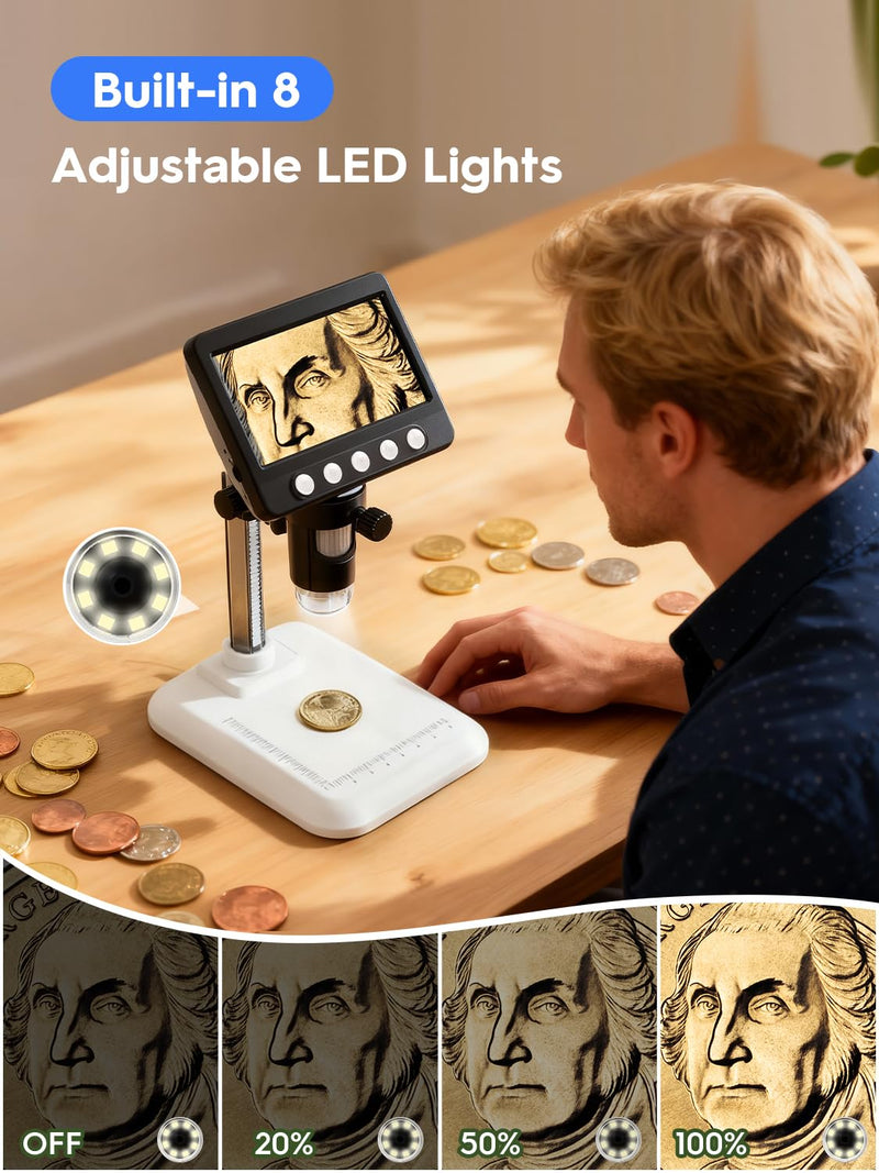 Coin Microscope for Error Coins, 4.3 inches 1080P LCD Digital Microscope, 50x-1000x Magnifier with 8 Adjustable LED Lights, PC View, Compatible with MacOS Windows for Adults Kids White
