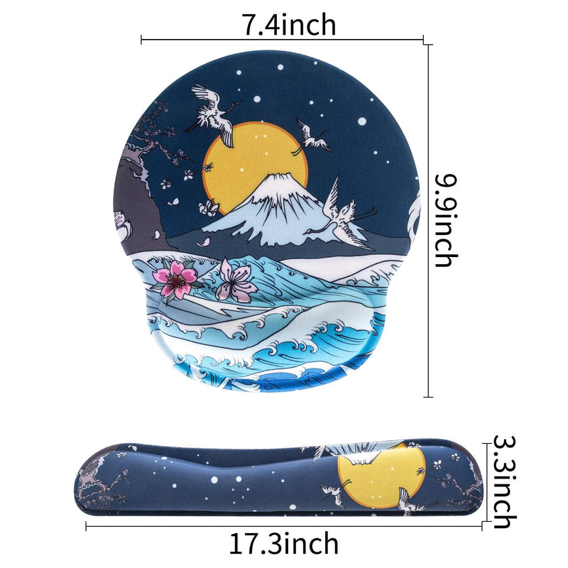 AORTDES Memory Foam Ergonomic Keyboard Mouse Pad Wrist Support Set - Non Slip Mousepad Wrist Rest for Computer/Gaming/Office - Comfortable for Easy Typing & Pain Relief(Fujiyama & Moon & White Crane) Kwrp-01a