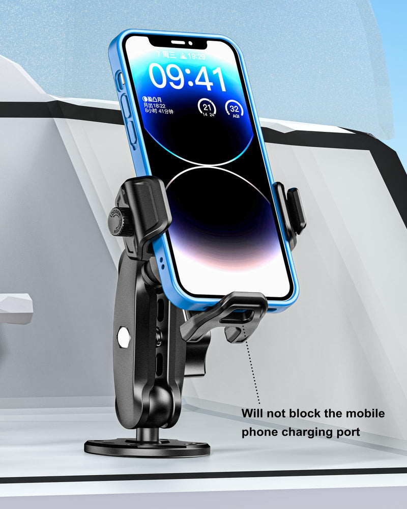 BRCOVAN Anti-Theft Phone Mount Holder with Vibration Dampener, 1s Locking | Don't Block Camera, with Aluminum Round Base & Medium Arm, for Car Boat Truck Motorcycle UTV, Fit 5.4-7.2'' Smartphones