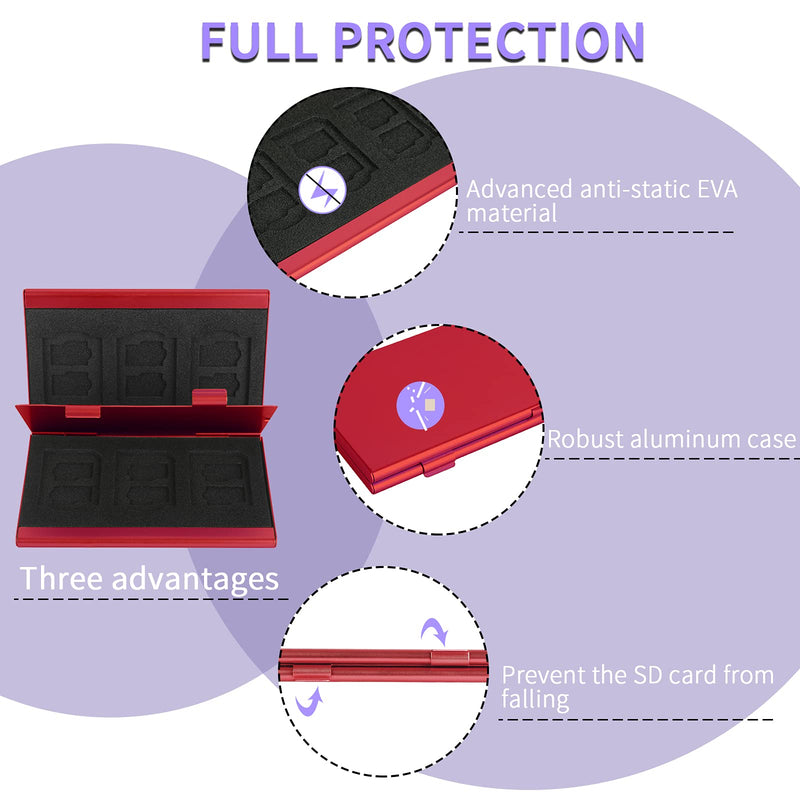 SD Card Holder, SD Card Case, LAVILI CF Memory Card Holder Case Aluminum Alloy Hard Shell, Double-Layer Capacity for 6SD Cards and 12 TF Cards Red Color