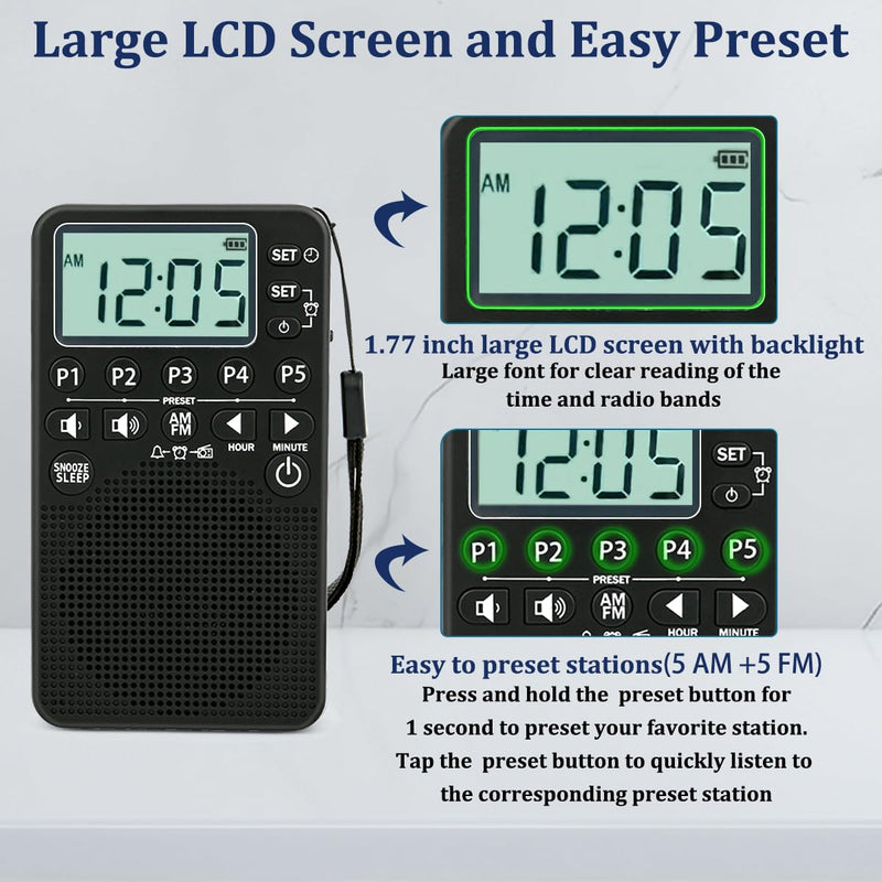 [AUSTRALIA] - AM FM Portable Pocket Radio, Battery Operated, Digital Tuning, Excellent Reception, Loud Speaker, Long Lasting, LCD Screen, Alarm Clock, Easy to use, Handheld Emergency Radio for Indoor & Outdoor 