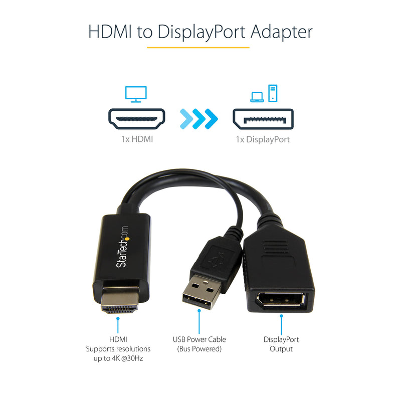 [AUSTRALIA] - StarTech.com 4K 30Hz HDMI to DisplayPort Video Adapter w/ USB Power - 6 in - HDMI 1.4 (Male) to DP 1.2 (Female) Active Monitor Converter (HD2DP), Black 