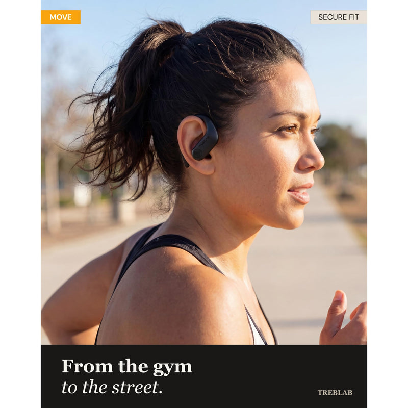 TREBLAB X3-Pro Earbuds Wireless Bluetooth, Earhook IPX5 12H Powerbank | Bluetooth Running Headphones, gaming mode 60ms, wireless charging case, secure earhook, ENC mics, BT 5.3, 9g ultra-light Black Logo