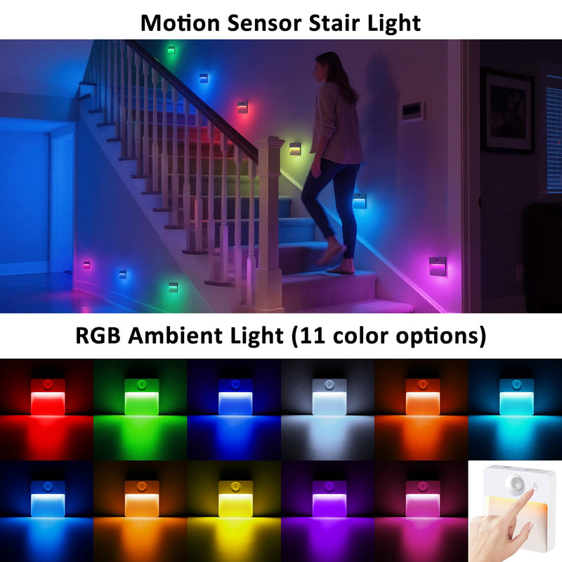 [AUSTRALIA] - Guankai 8 Pack Rechargeable Motion Sensor Stair Light for Indoor, RGBW Battery Operated Closet Lights, Stick On Night Lamp, Motion Activated Magnetic Lighting Lamps for Step,Cabinet,Hallway,Bathroom White 