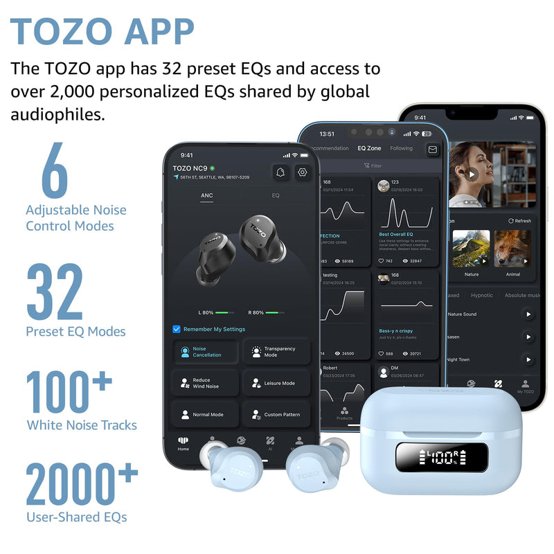 TOZO NC9 Hybrid Active Noise Cancelling Wireless Earbuds, 60H, LED Display | 6 Mic ENC Clear Calls, Deep Bass Sound, IPX8, in Ear Bluetooth 5.3 Headphones,32 EQs via APP,Comfort Fit Ear Buds,Light Blue Dusty Blue