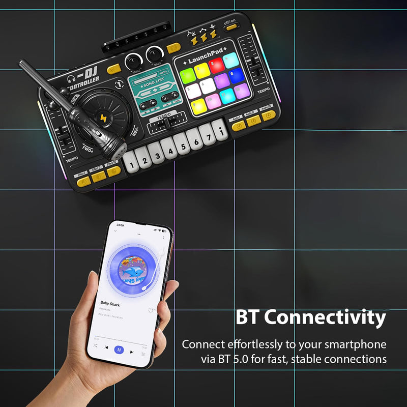 Kids DJ Controller DJ Mixer Table DJ Equipment with BT 5.0 Adjustable Microphone 8 Electronic Keyboard Buttons 3 Disc Sound Effects 12 MIDI Songs Light-Up Whack-A-Mole Game Black