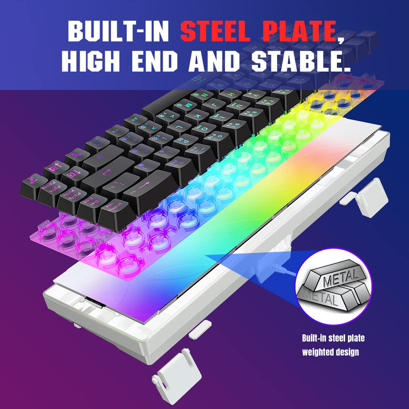Snpurdiri 60% Gaming Keyboard, RGB Backlit Mini Keyboard,Built-in Steel Plate, Membrane Keyboard but Super Mechanical Feel for Windows PC Gamers(68 Keys,White-Black) White Black