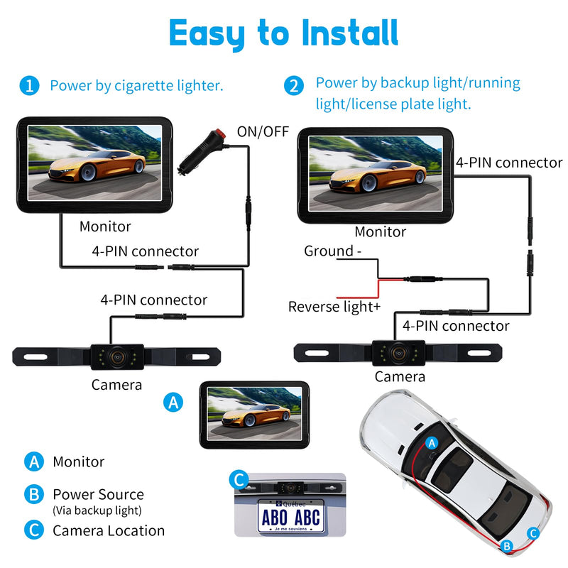 Wired Backup Camera System, 1080P HD 7-Inch Monitor with Suction Cup, Easy Install License Plate Reverse Camera with Night Vision, Plug & Play via Cigarette Lighter for Car, SUV, Pickup