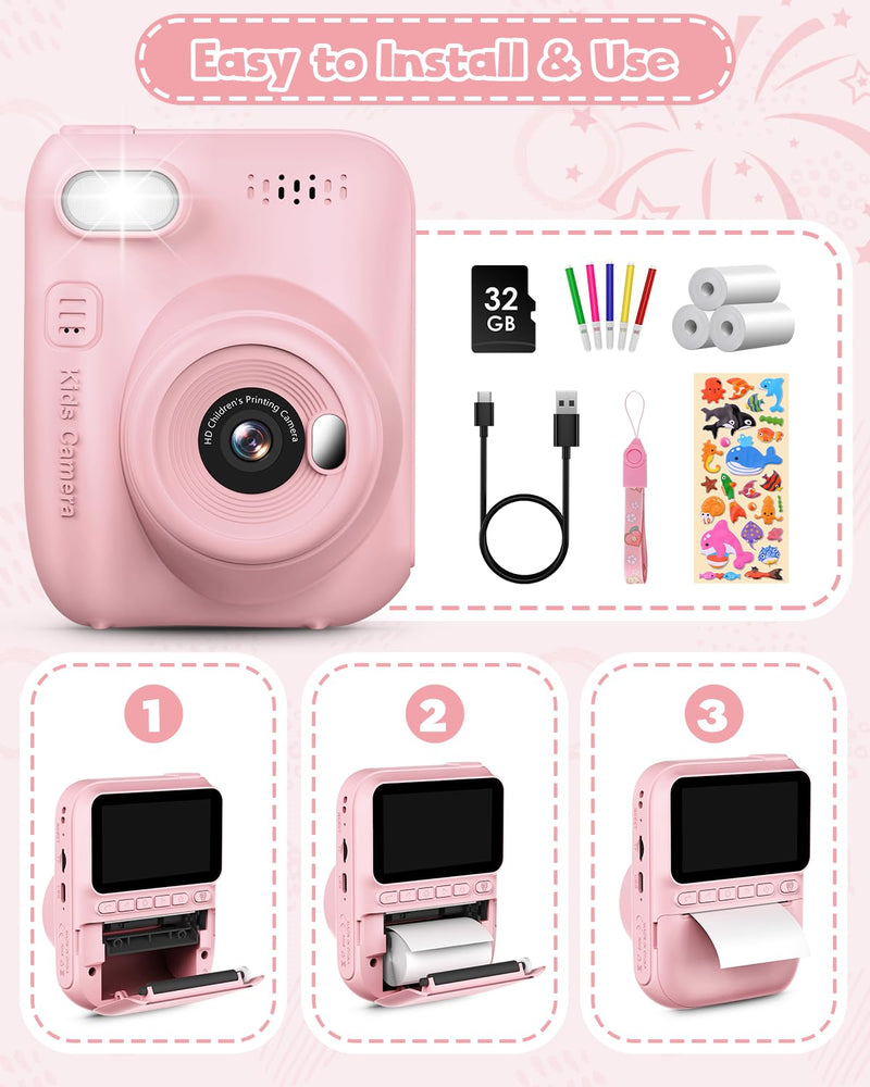 Kids Instant Print Camera, 3.0-inch HD Screen 32MP Photo Instant Digital Camera Christmas Birthday Gifts Toys for Toddle Children Girls Boys Age 3-12 - Pink