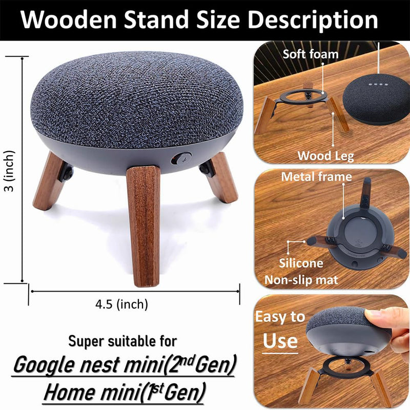 Real Wood Mount compatible for google home mini,nest mini speaker,Tripod Mount holder with Metal Frame,Anti-Slip Safe Stable wooden stand for home Mini on Desk (Walnut)