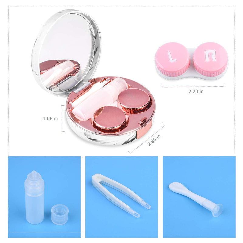 Contact Lens Case，Portable Travel Contact Lens Box with Mirror Tweezers Remover Tool Solution Bottle for Travel & Home D-Rose Gold