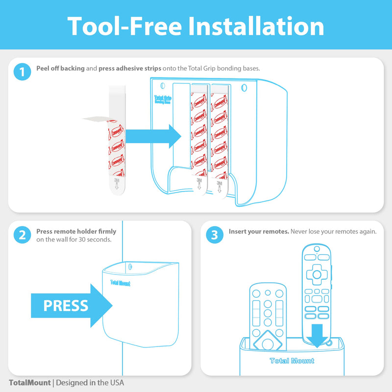 TotalMount Hole-Free Remote Holders – Eliminate Need to Drill Holes in Your Wall (for 2 or 3 Remote Controls – White – Quantity 2)