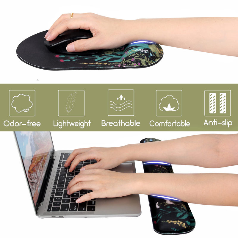 Ergonomic Mouse Pad Wrist Support and Keyboard Wrist Rest, Mousepad with Wrist Rest, Memory Foam Keyboard Pad, Easy Typing, Pain Relief, Perfect for Gaming, Computer, Laptop,Office, Garden Flowers